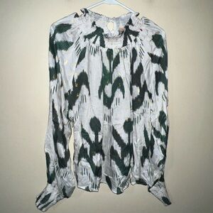 Oliphant Smocked long Sleeve Top small cream and green